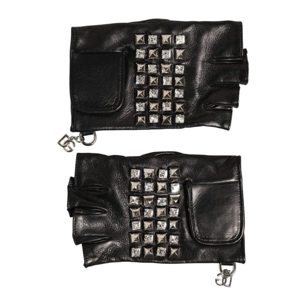 Dolce & Gabbana Black Leather Studded Fingerless Hand Mitten Men Men's Gloves